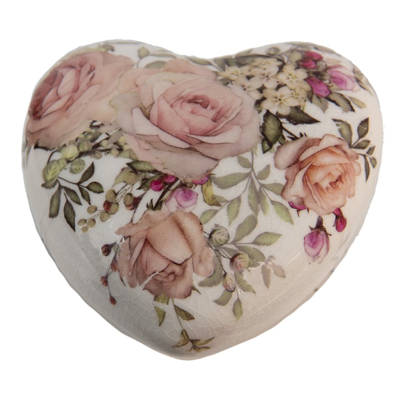 Clayre & Eef Decoration Heart 11x11x4 cm White Pink Ceramic Heart-Shaped Flowers
