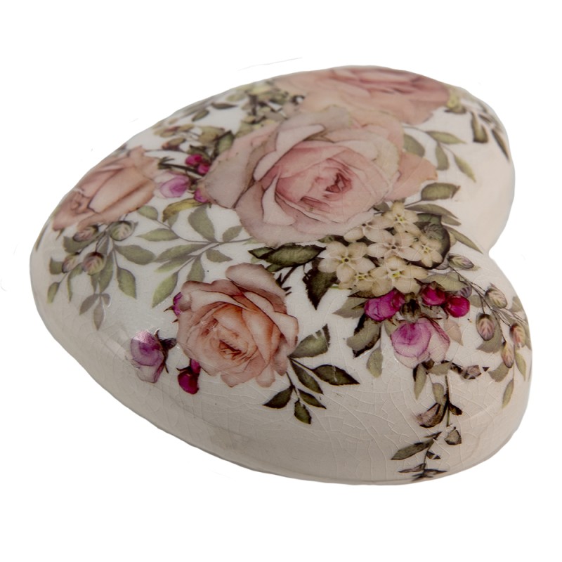 Clayre & Eef Dekoration Herz 11x11x4 cm Weiß Rosa Keramik Herzförmig Blumen
