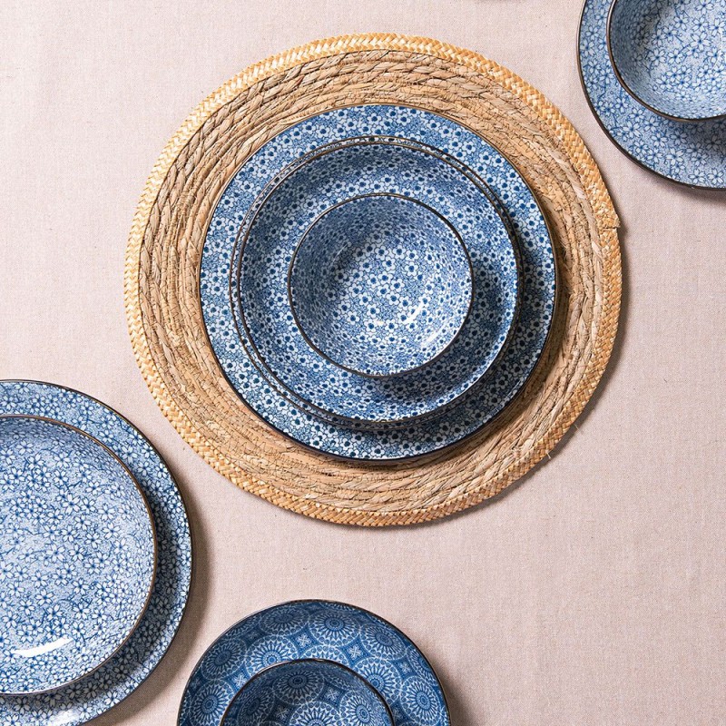 Clayre & Eef Piatto per la colazione Ø 21 cm Blu Ceramica Rotondo Fiori