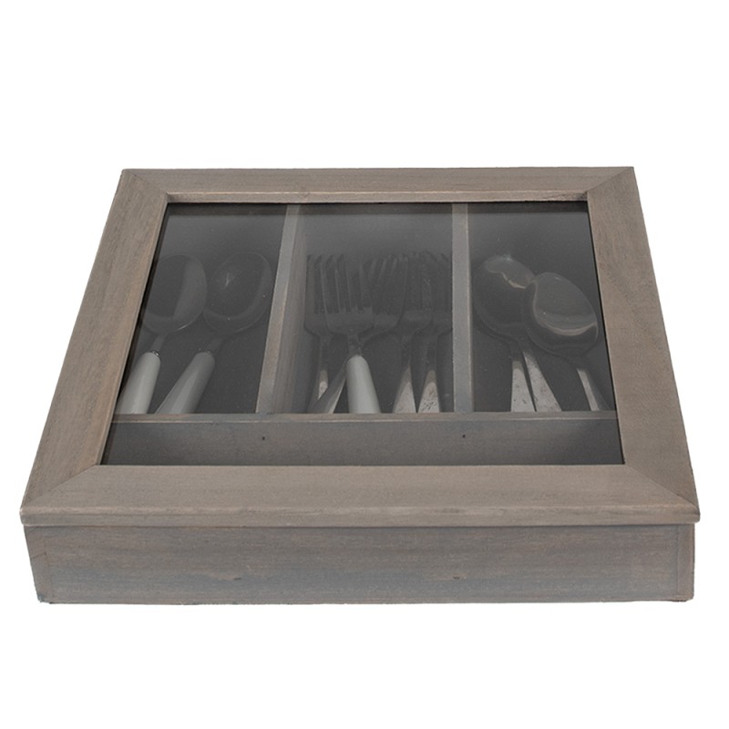 Clayre & Eef Cutlery Tray 30x30x8 cm Grey Wood Glass Square