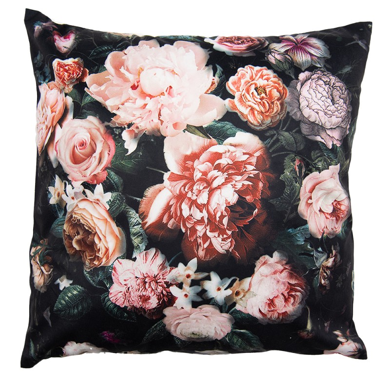 Clayre & Eef Cushion Cover 45x45 cm Black Pink Polyester Flowers
