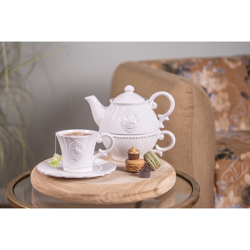 Clayre & Eef Tea for One 400 ml Beige Ceramica Rotondo Uccello