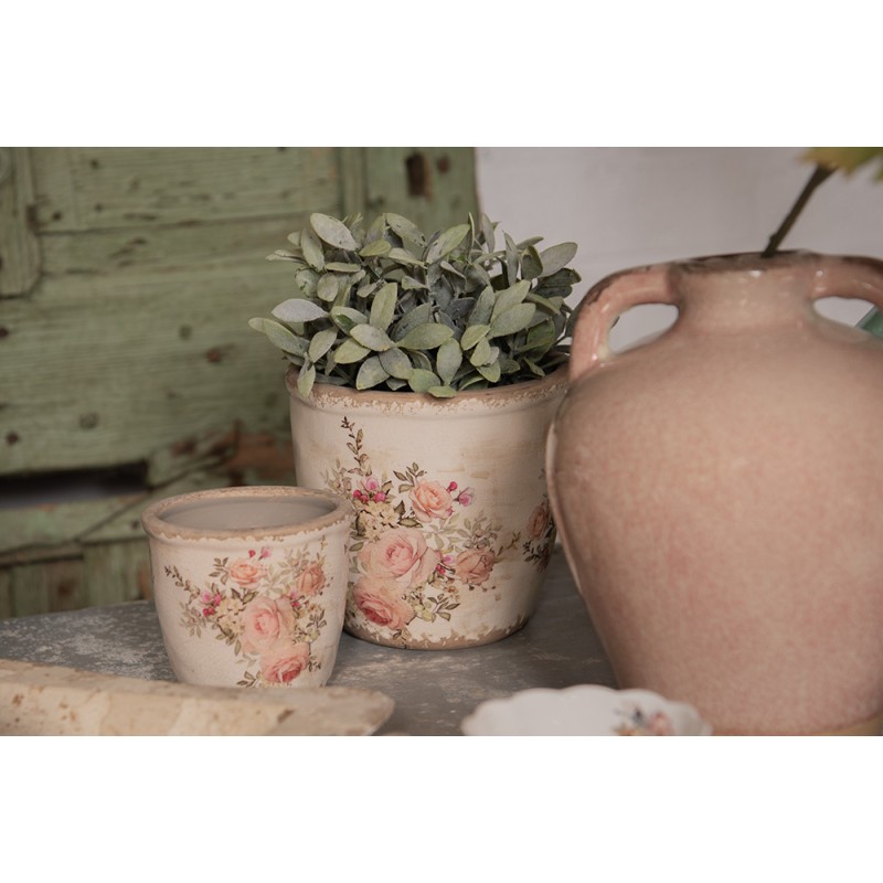 Clayre & Eef Planter Ø 11x10 cm Pink Beige Ceramic Round Flowers
