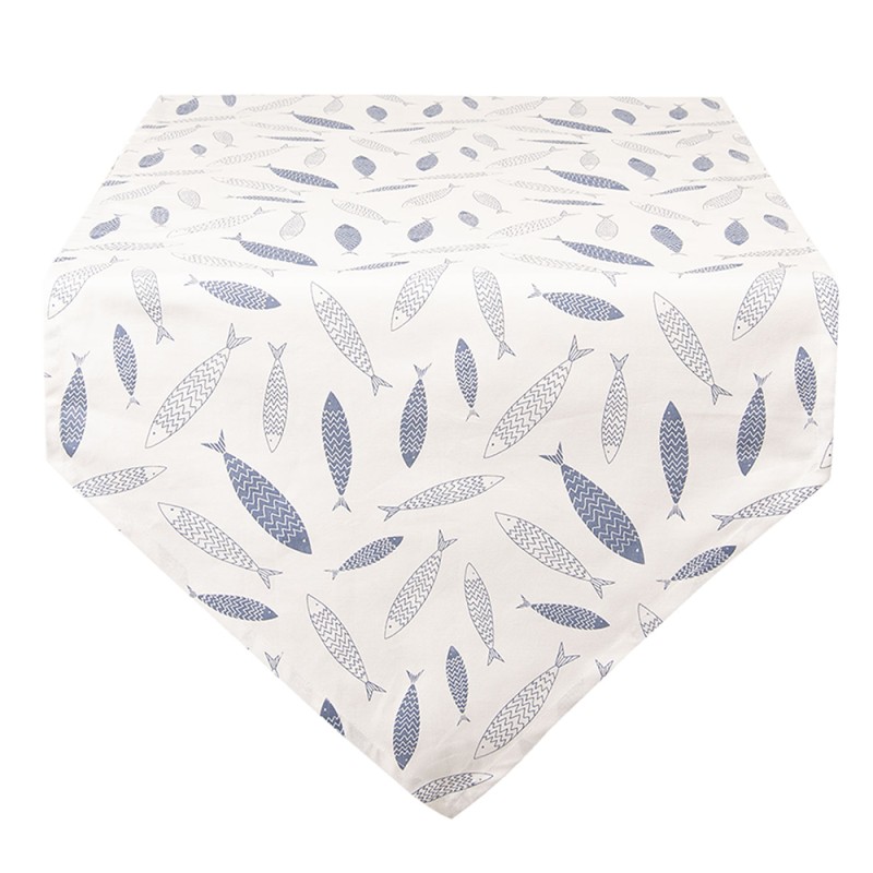 Clayre & Eef Table Runner 50x160 cm Blue White Cotton Fishes
