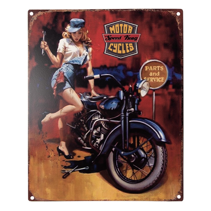 Clayre & Eef Tekstbord  20x25 cm Rood Ijzer Motor Motor Cycles Speed King