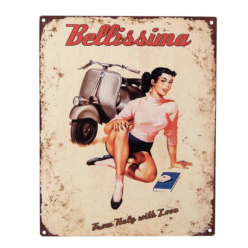 Clayre & Eef Plaque de texte 20x25 cm Beige Fer Femme avec scooter Bellissima From Italy with love