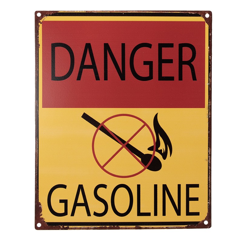 Clayre & Eef Plaque de texte 20x25 cm Jaune Rouge Fer Allumette Danger Gasoline