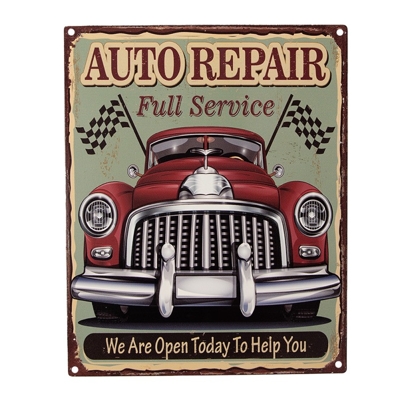 Clayre & Eef Text Sign 20x25 cm Green Red Iron Car Auto repair We are open today to help you