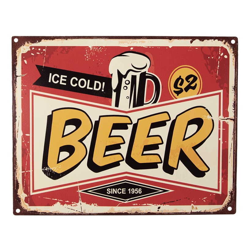 Clayre & Eef Text Sign 25x20 cm Red Yellow Iron Ice Cold Beer