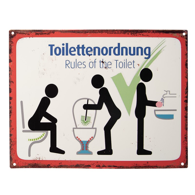 Clayre & Eef Tekstbord  33x25 cm Wit Rood Ijzer Toilettenordnung Rules of the toilet