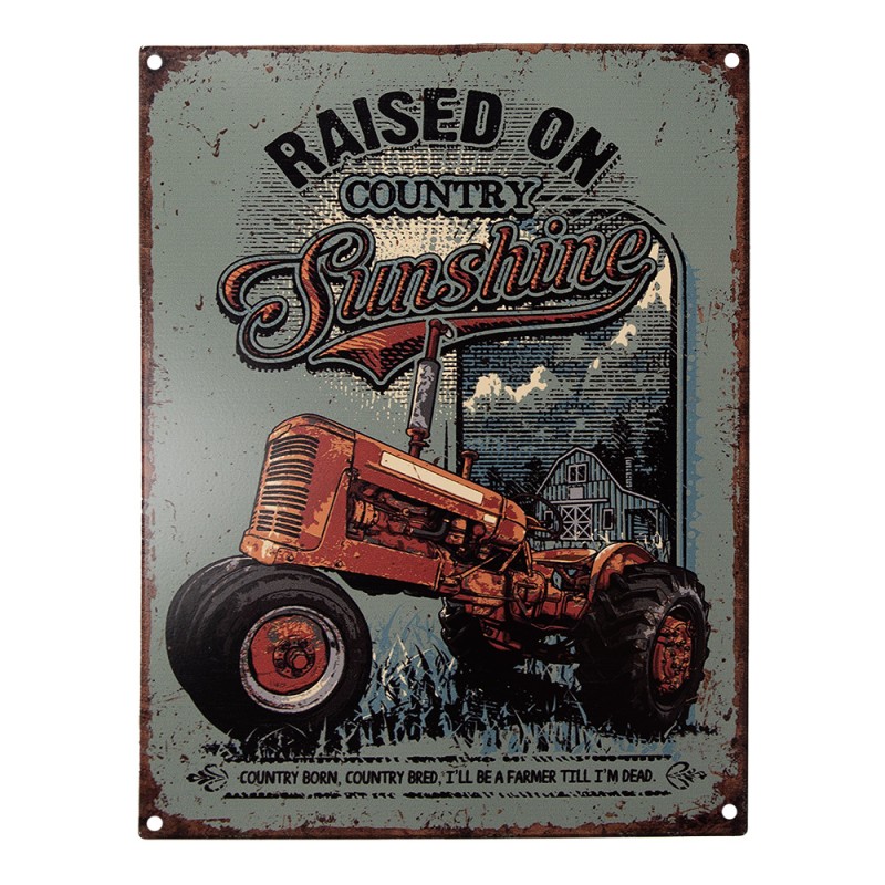 Clayre & Eef Plaque de texte 25x33 cm Vert Fer Tracteur Raised on country sunshine