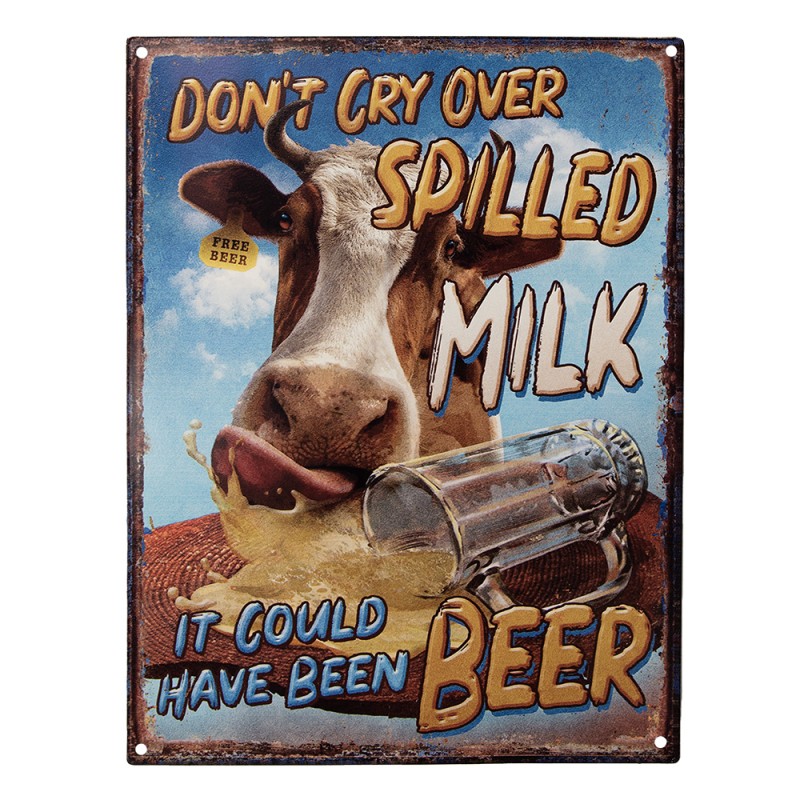 Clayre & Eef Text Sign 25x33 cm Blue Iron Cow Don't cry over spilled milk