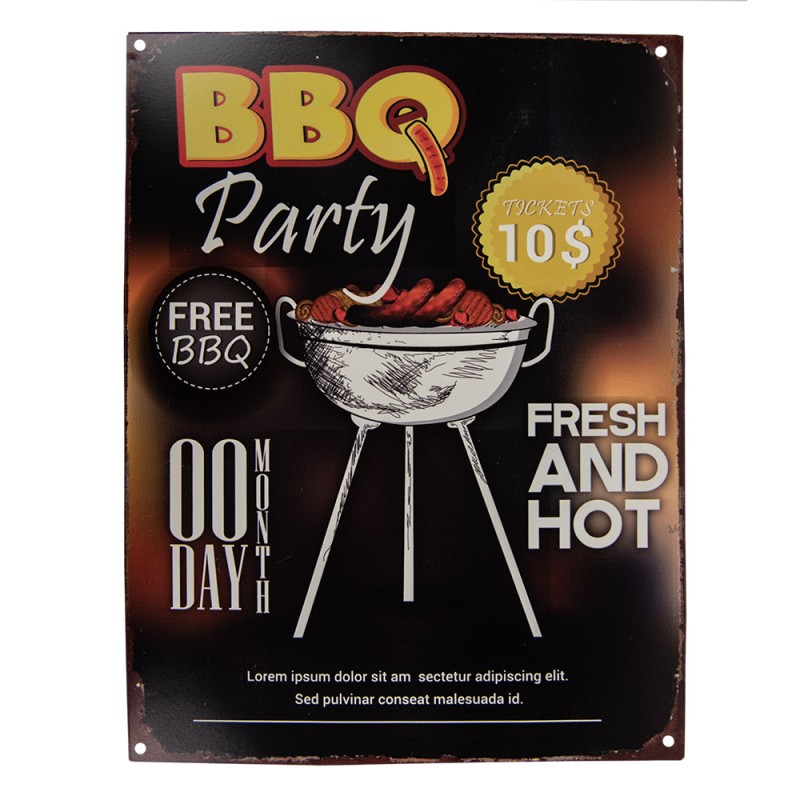 Clayre & Eef Text Sign 25x33 cm Black Yellow Iron BBQ Party