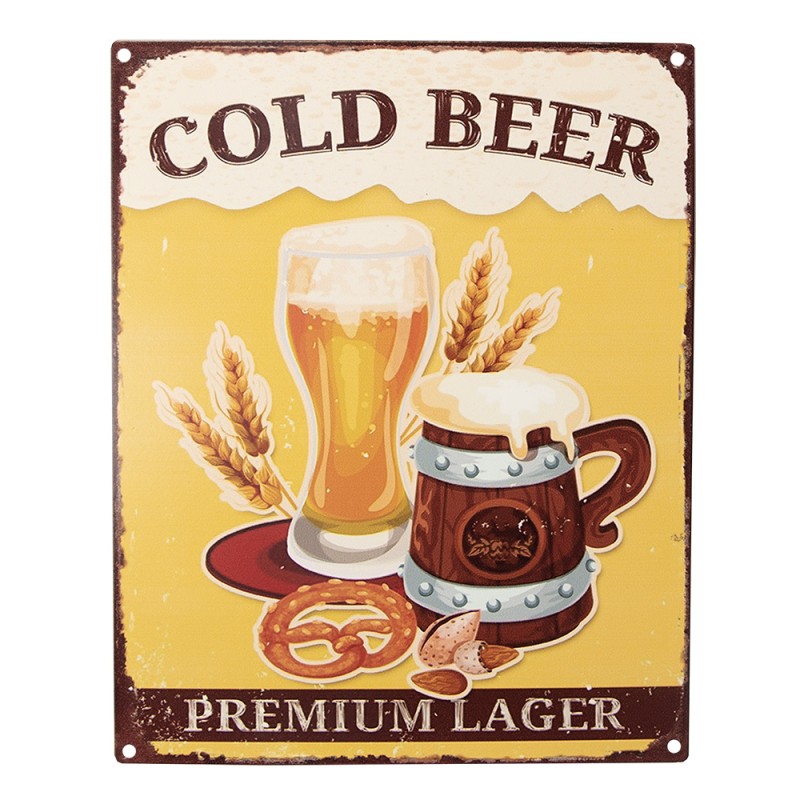 Clayre & Eef Tekstbord  20x25 cm Geel Ijzer Cold beer
