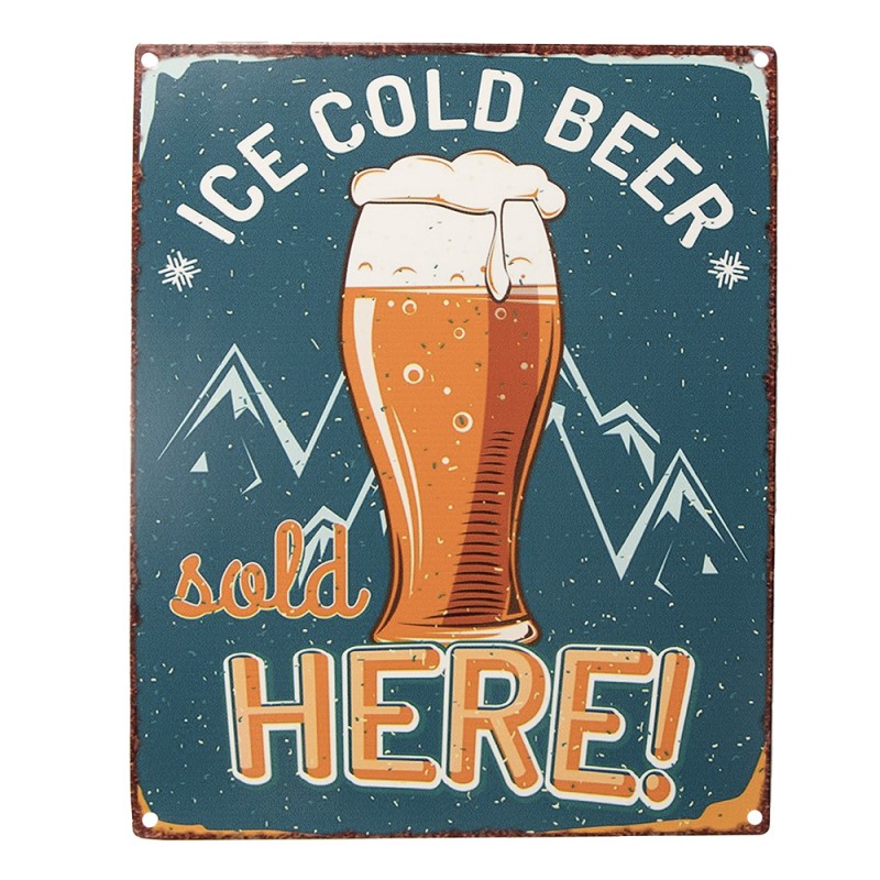 Clayre & Eef Text Sign 20x25 cm Blue Yellow Iron Ice Cold Beer