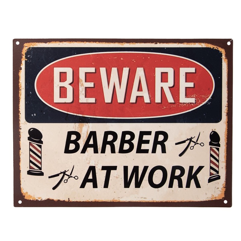 Clayre & Eef Text Sign 33x25 cm Beige Red Iron Barber at work