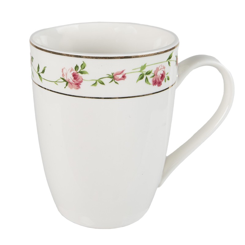 Clayre & Eef Mug 300 ml Blanc Rose Porcelaine Rond Fleurs