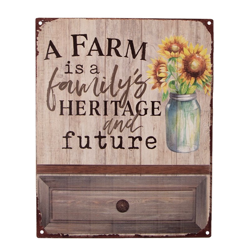 Clayre & Eef Tekstbord  20x25 cm Bruin Ijzer Bloemen A farm is a family's heritage and future
