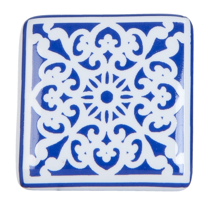 Clayre & Eef Poignée de porte 3x2x3 cm Bleu Blanc Céramique Carré