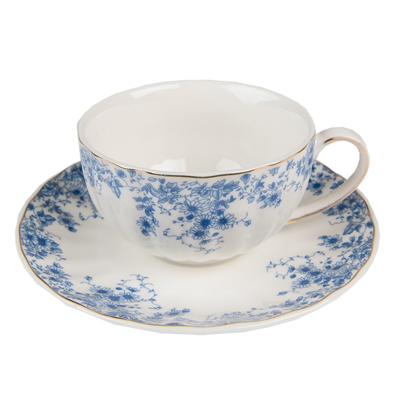 Clayre & Eef Tazza e piattino 200 ml Bianco Blu  Porcellana Fiori