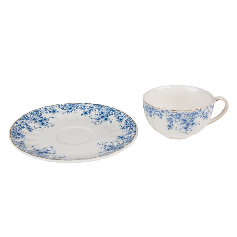 Clayre & Eef Cup and Saucer 200 ml White Blue Porcelain Flowers