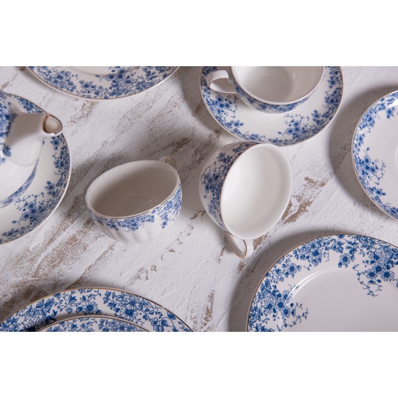 Clayre & Eef Tasse et soucoupe 200 ml Blanc Bleu Porcelaine Fleurs