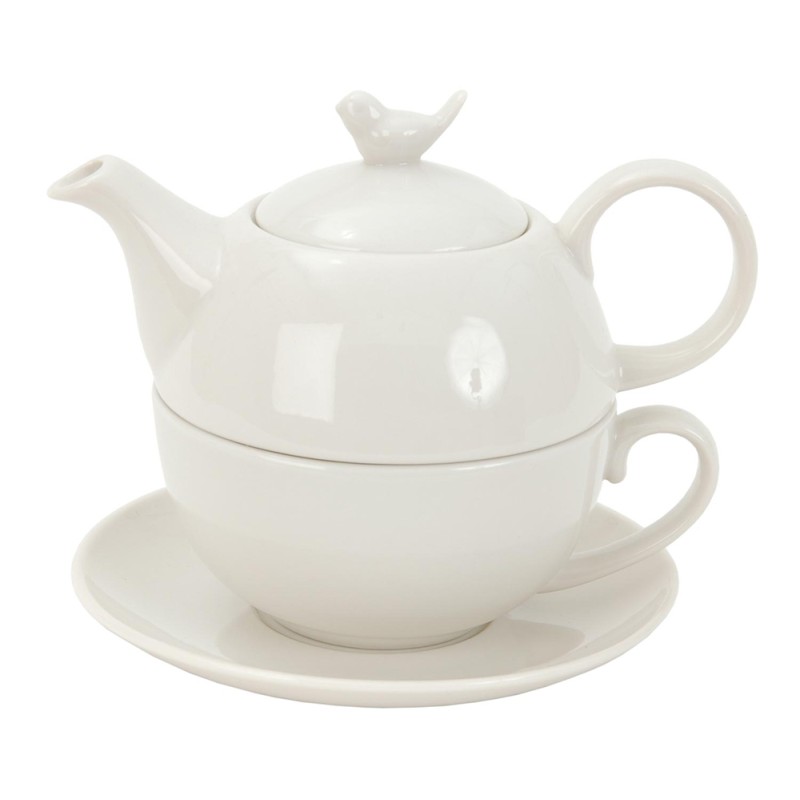 Clayre & Eef Tea for One 400 ml Bianco Ceramica Rotondo Uccello