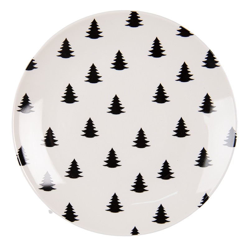 Clayre & Eef Assiette de petit déjeuner Ø 20 cm Beige Noir Porcelaine Rond Sapin de Noël