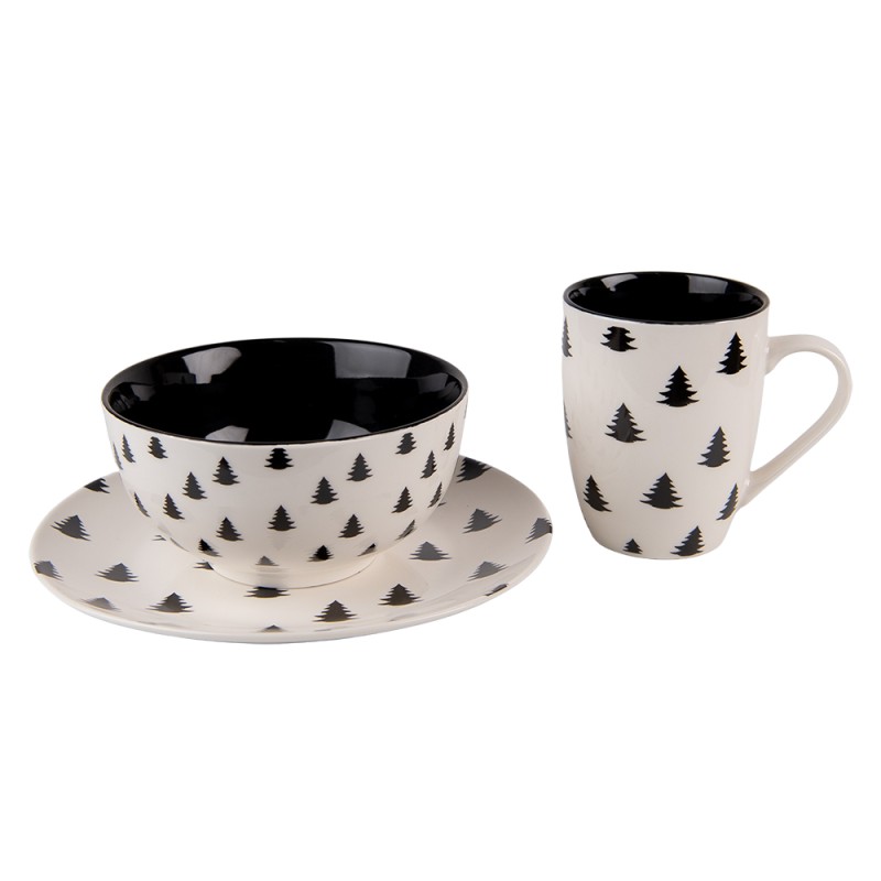 Clayre & Eef Assiette de petit déjeuner Ø 20 cm Beige Noir Porcelaine Rond Sapin de Noël