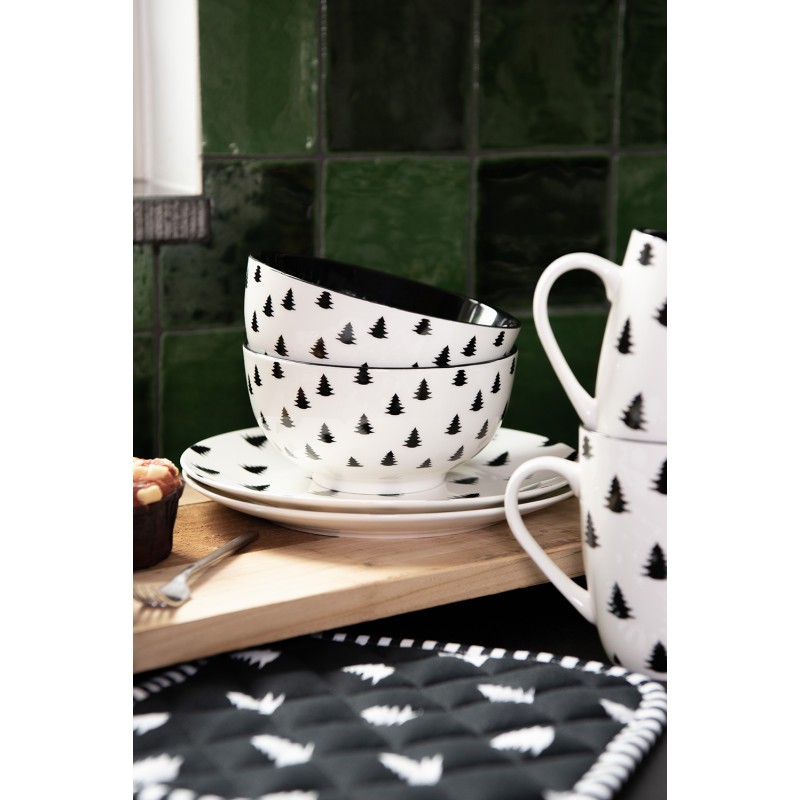 Clayre & Eef Assiette de petit déjeuner Ø 20 cm Beige Noir Porcelaine Rond Sapin de Noël