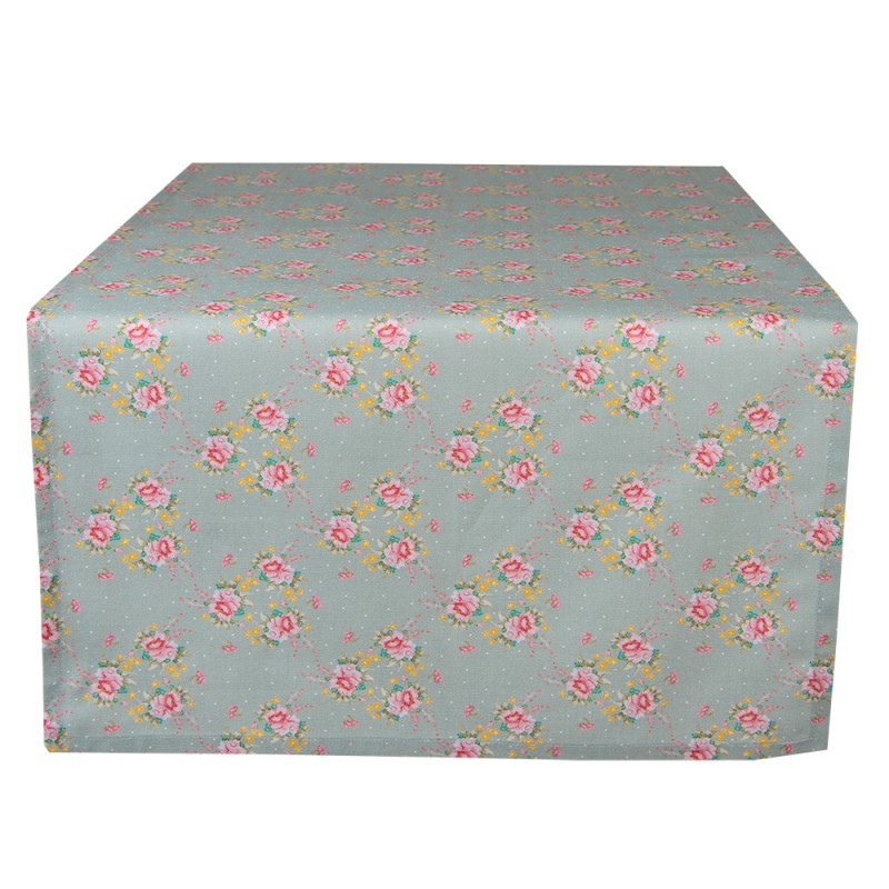 Clayre & Eef Table Runner 50x140 cm Green Cotton Flowers