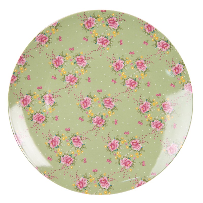 Clayre & Eef Dinerbord  Ø 26 cm Groen Beige Porselein Rond Bloemen