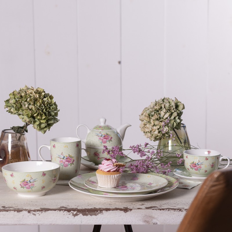 Clayre & Eef Dinerbord  Ø 26 cm Groen Beige Porselein Rond Bloemen