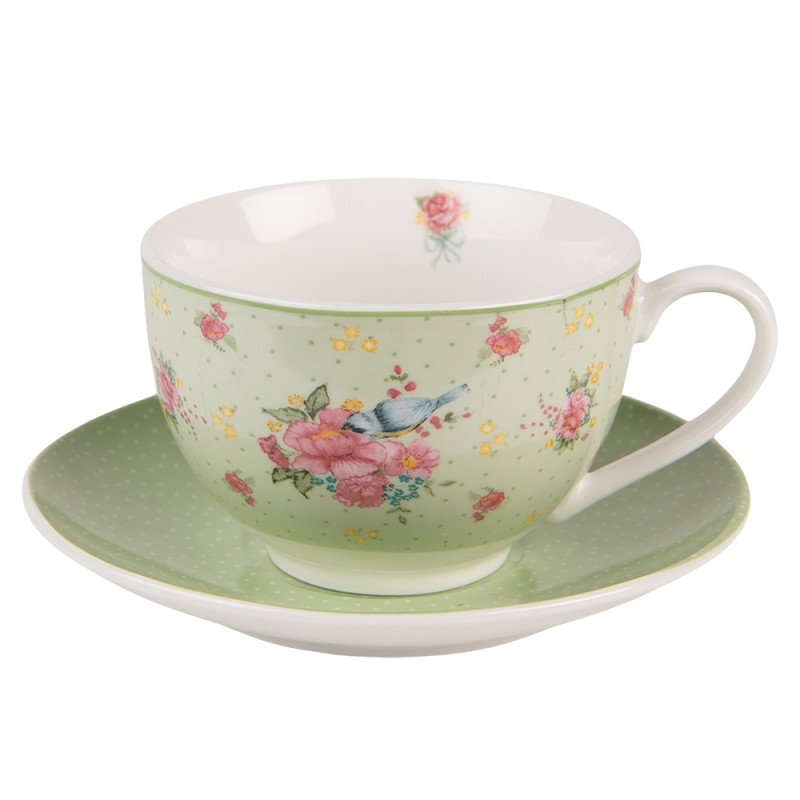 Clayre & Eef Cup and Saucer 200 ml Green Beige Porcelain Flowers
