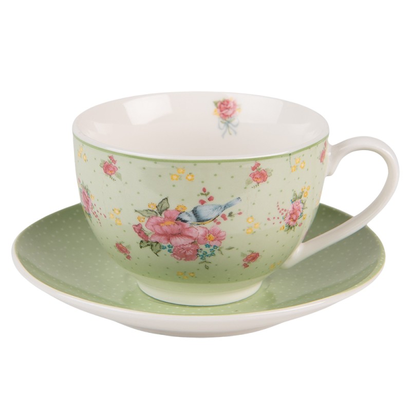 Clayre & Eef Tazza e piattino 200 ml Verde Beige Porcellana Fiori