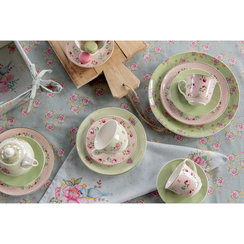 Clayre & Eef Cup and Saucer 200 ml Green Beige Porcelain Flowers