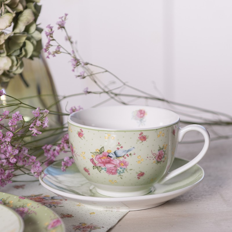 Clayre & Eef Cup and Saucer 200 ml Green Beige Porcelain Flowers