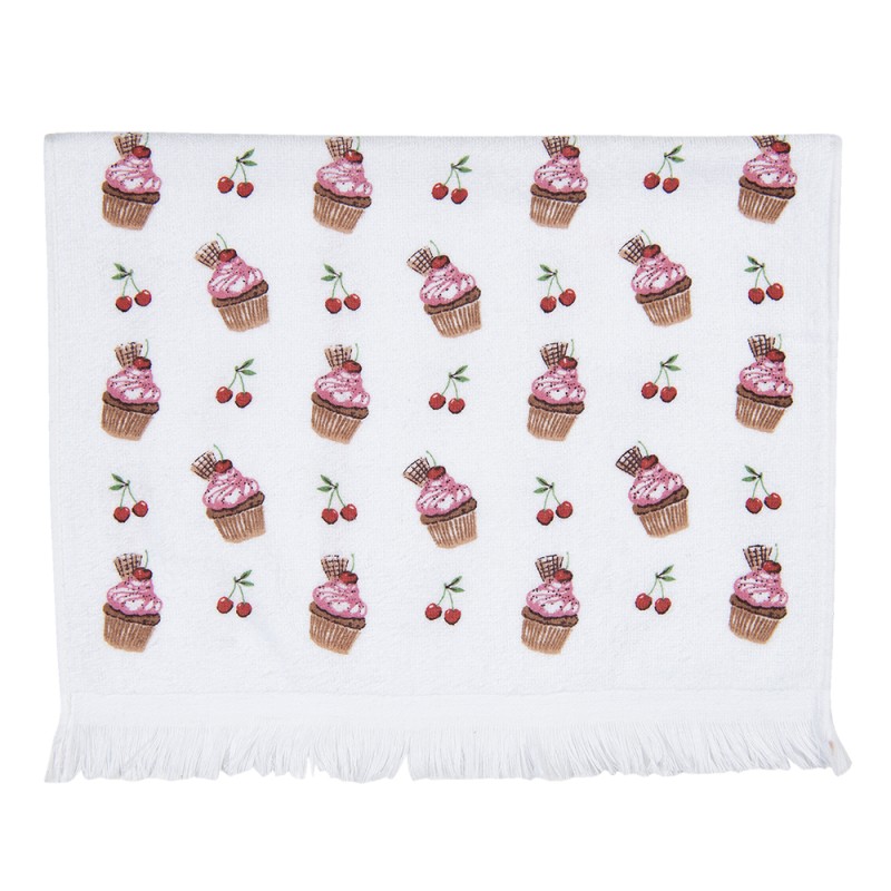 Clayre & Eef Asciugamano per ospiti 40x66 cm Bianco Rosa  Cotone Rettangolo Cupcake