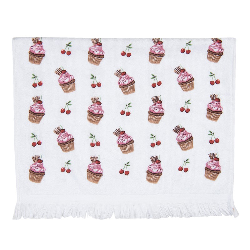 Clayre & Eef Serviette invité 40x66 cm Blanc Rose Coton Rectangle Cupcake