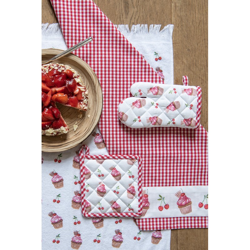 Clayre & Eef Serviette invité 40x66 cm Blanc Rose Coton Rectangle Cupcake