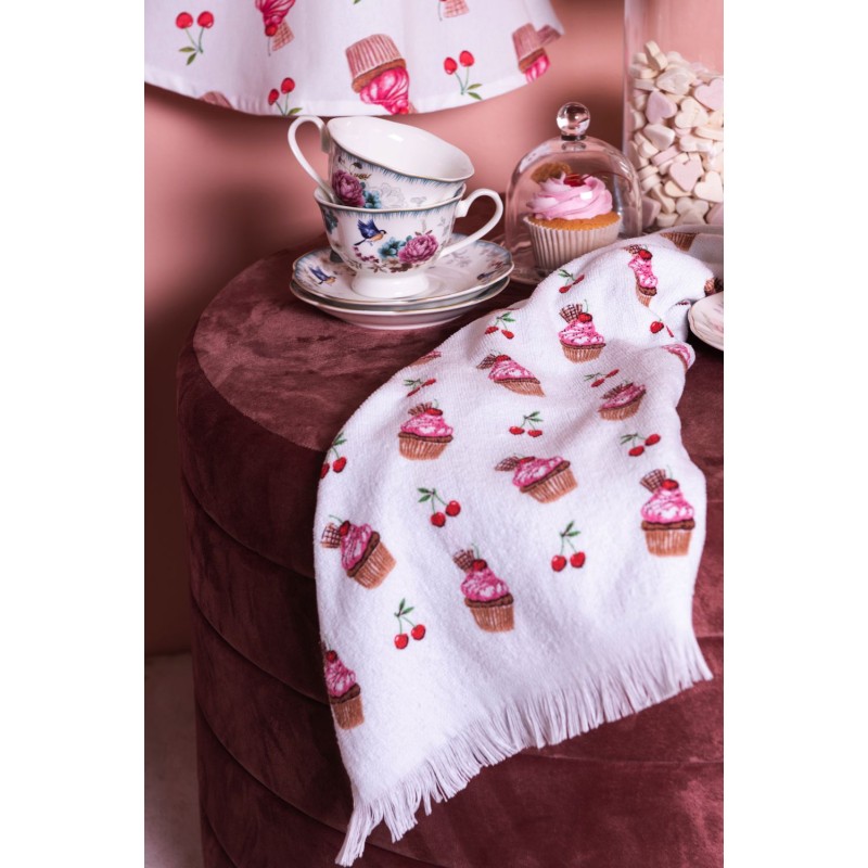 Clayre & Eef Guest Towel 40x66 cm White Pink Cotton Rectangle Cupcake