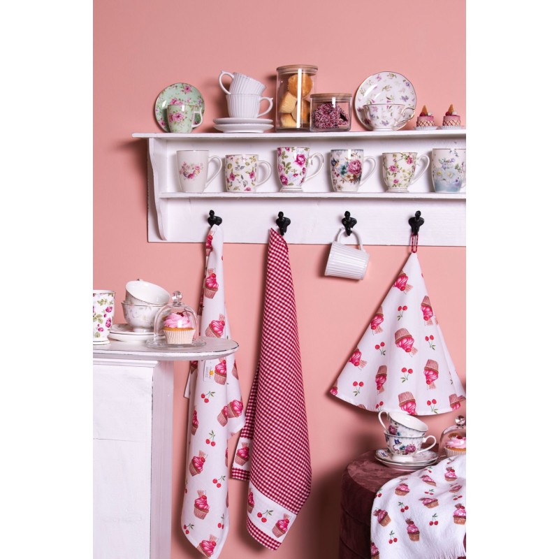 Clayre & Eef Guest Towel 40x66 cm White Pink Cotton Rectangle Cupcake