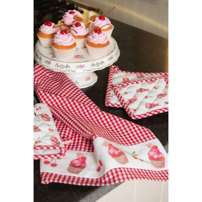 Clayre & Eef Geschirrtuch 50x70 cm Rot Weiß Baumwolle Cupcakes