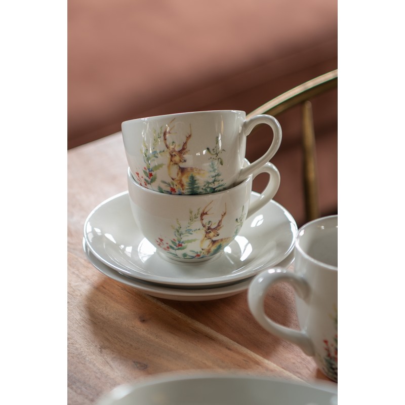 Clayre & Eef Cup and Saucer 200 ml White Ceramic Round Deer