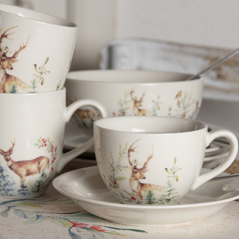 Clayre & Eef Cup and Saucer 200 ml White Ceramic Round Deer