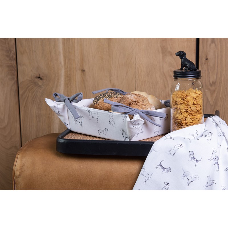 Clayre & Eef Bread Basket 35x35x8 cm White Grey Cotton Square Dachshund