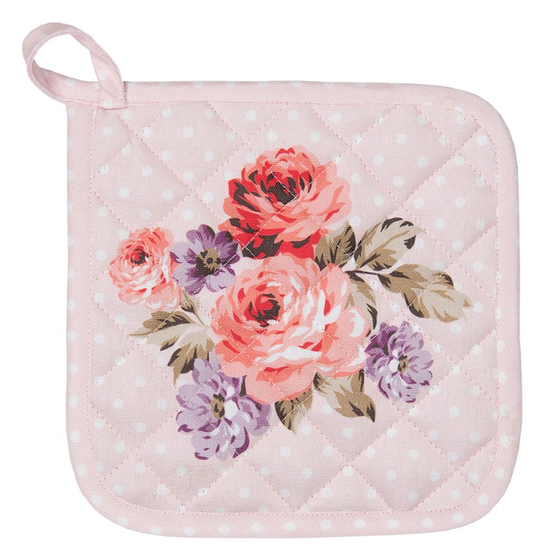 Clayre & Eef Pannenlap  20x20 cm Roze Paars Katoen Vierkant Bloemen