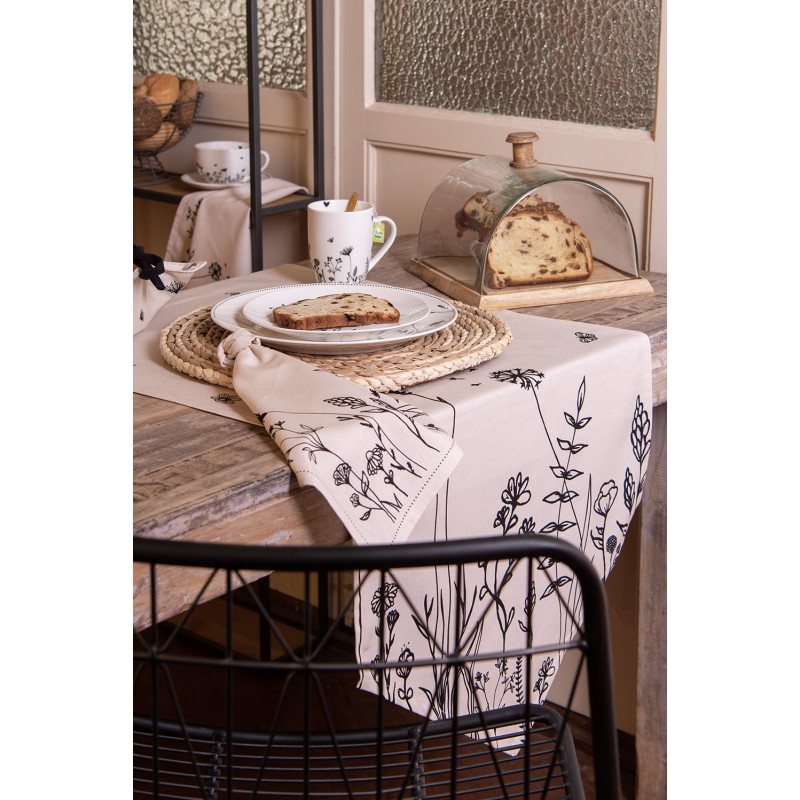 Clayre & Eef Tovaglia da tavolo 50x160 cm Beige Nero Cotone Fiori