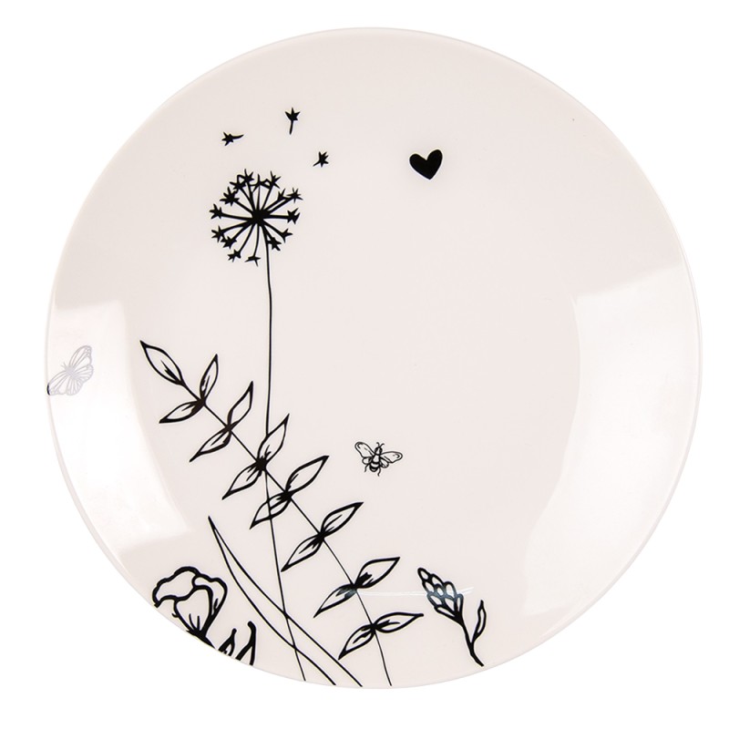 Clayre & Eef Breakfast Plate Ø 20 cm Beige Black Porcelain Round Flowers