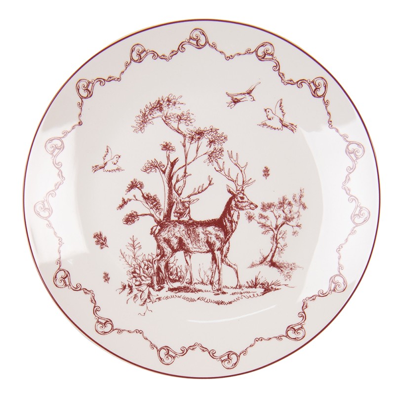 Clayre & Eef Breakfast Plate Ø 20 cm Beige Red Porcelain Reindeer and Trees